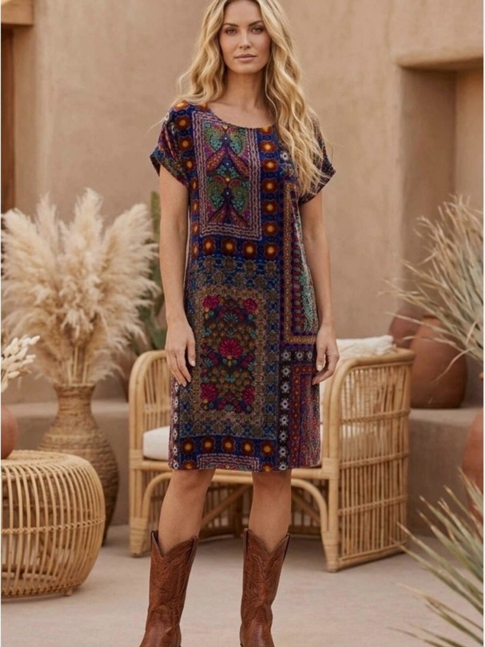 Johnny Was Navy Multi-Print Midi Shift Dress